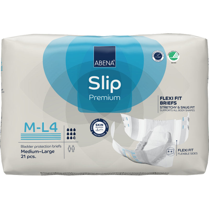 Eine Packung mit 21 ABENA Slip Flexi Fit M-L Premium der Abena Re-Seller GmbH zeichnet sich durch "Flexi Fit Briefs", hautfreundliches Material, flexible Passform und eine Produktabbildung auf der rechten Seite aus.
