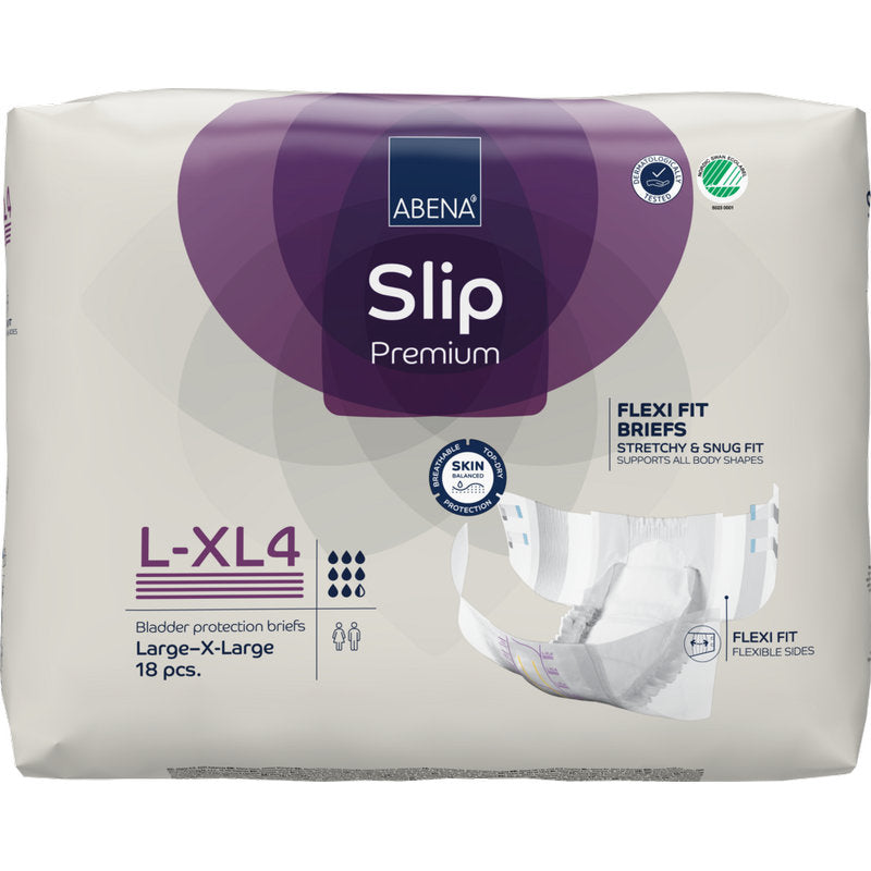 Eine Packung ABENA Slip Flexi Fit M-L Premium von Abena Re-Seller GmbH enthält 18 Stück. Die Verpackung bietet Vorteile wie flexible Passform und Hautschutz, mit einer Illustration auf der Vorderseite.