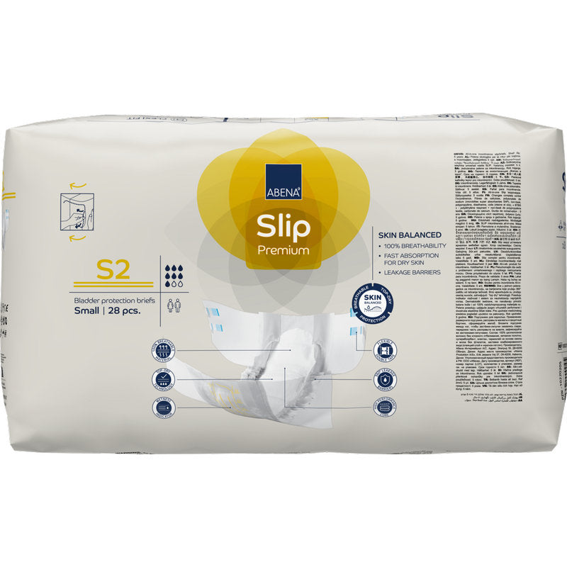 Eine 28er-Packung ABENA Slip Premium von Abena Re-Seller GmbH, kleine Größe, in meist weißer Verpackung mit gelben und blauen Akzenten. Ideal für die zuverlässige Inkontinenzversorgung; die Produktangaben befinden sich auf der Vorderseite.