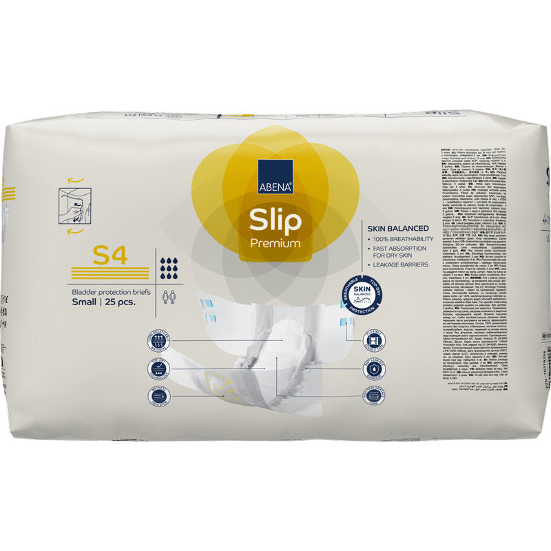 Eine 25er-Packung ABENA Slip Premium von Abena Re-Seller GmbH, Größe Small, enthält Produktdetails, Funktionssymbole und ein Slipbild auf der Vorderseite für eine effektive Inkontinenzversorgung.