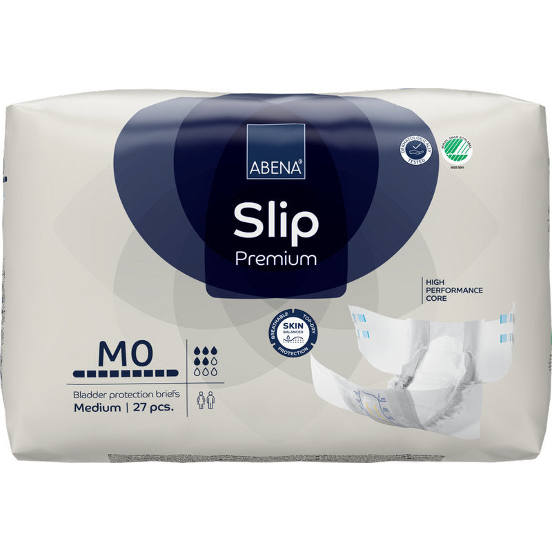 Eine Packung ABENA Slip Premium (von Abena Re-Seller GmbH), mittlere Größe, 27 Stück, kommt in einer weißen Verpackung mit blau/grauen Akzenten und dem Bild eines geöffneten Slips auf der rechten Seite.