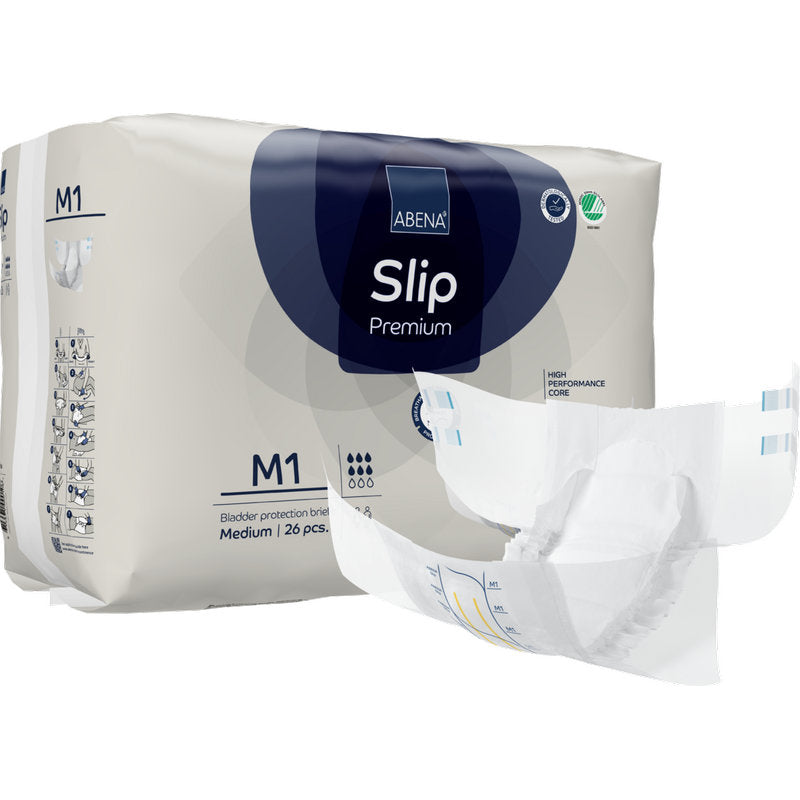 Abgebildet ist eine Packung mit der Aufschrift "ABENA Slip Premium" der Abena Re-Seller GmbH mit einer aufgefalteten Windel im Vordergrund. Die Packung enthält 26 mittelgroße Stücke für eine zuverlässige Inkontinenzversorgung.