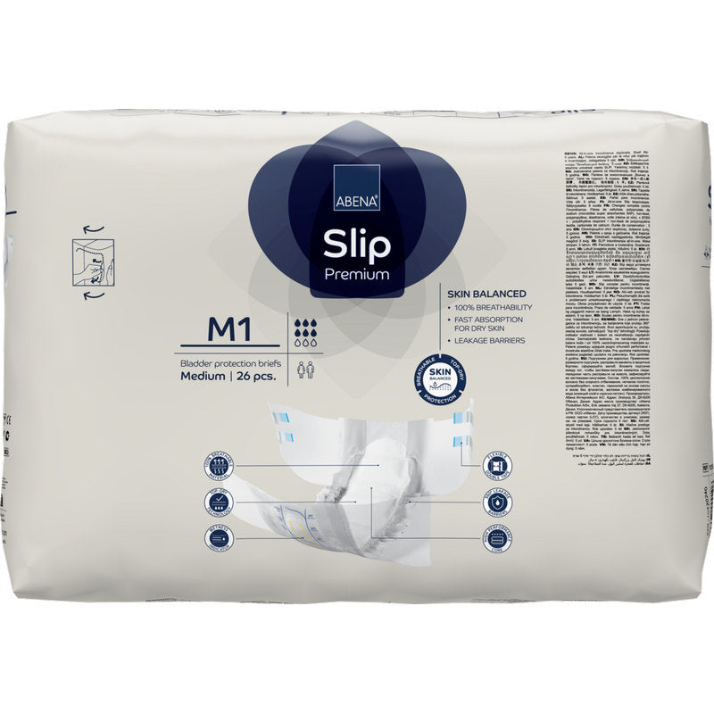 Eine 26-teilige Packung ABENA Slip Premium von Abena Re-Seller GmbH, mittlere Größe, für eine effektive Inkontinenzversorgung. Weiße Verpackung mit blauen/grauen Akzenten, Produktinformation und einer Abbildung eines Slips.