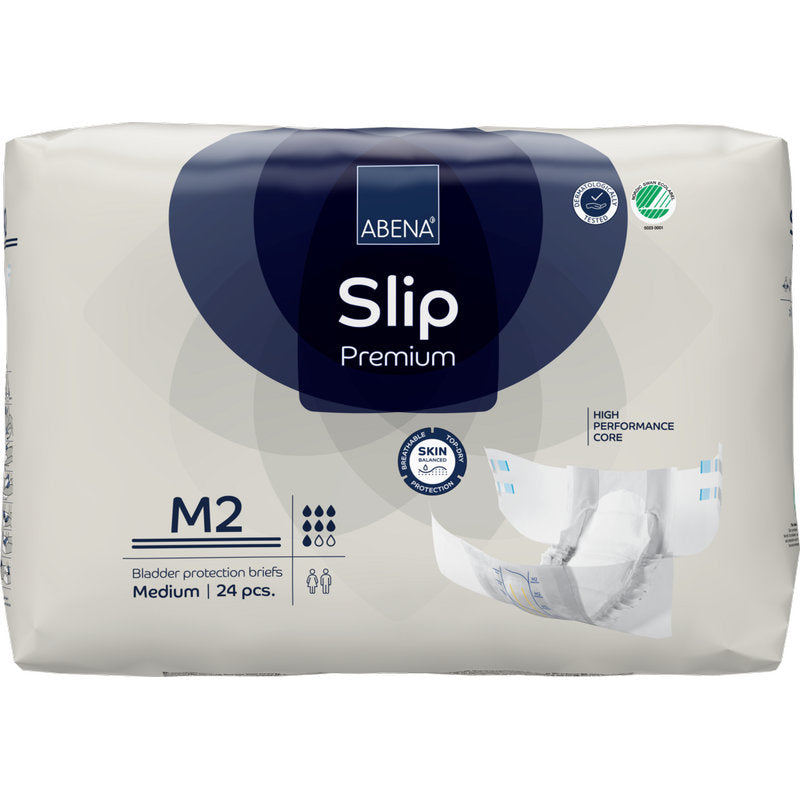 Eine 24er-Packung ABENA Slip Premium von Abena Re-Seller GmbH, Größe M2 medium, bietet hautfreundlichen, leistungsstarken Inkontinenzschutz für Komfort und Sicherheit.
