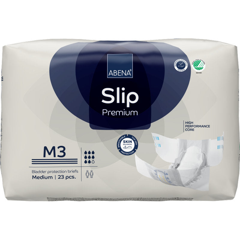 Eine Packung ABENA Slip Premium von Abena Re-Seller GmbH, mittlere Größe, 23 Slips. Mit leistungsstarkem Kern und hautfreundlichem Design. Die Verpackung zeigt einen ungefalteten Slip - ideal für eine zuverlässige Inkontinenzversorgung.