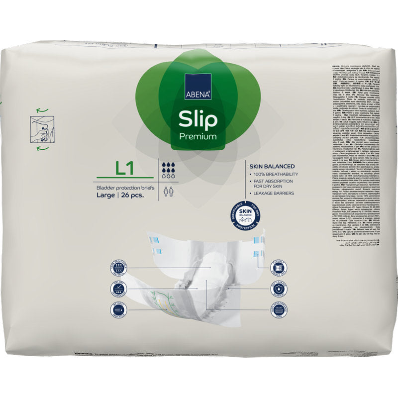 Eine 26-teilige Packung ABENA Slip Premium von Abena Re-Seller GmbH, Größe large, für eine effektive Inkontinenzversorgung. Die überwiegend weiße Verpackung hat grüne und blaue Akzente mit Produktangaben und Kurzbildern.
