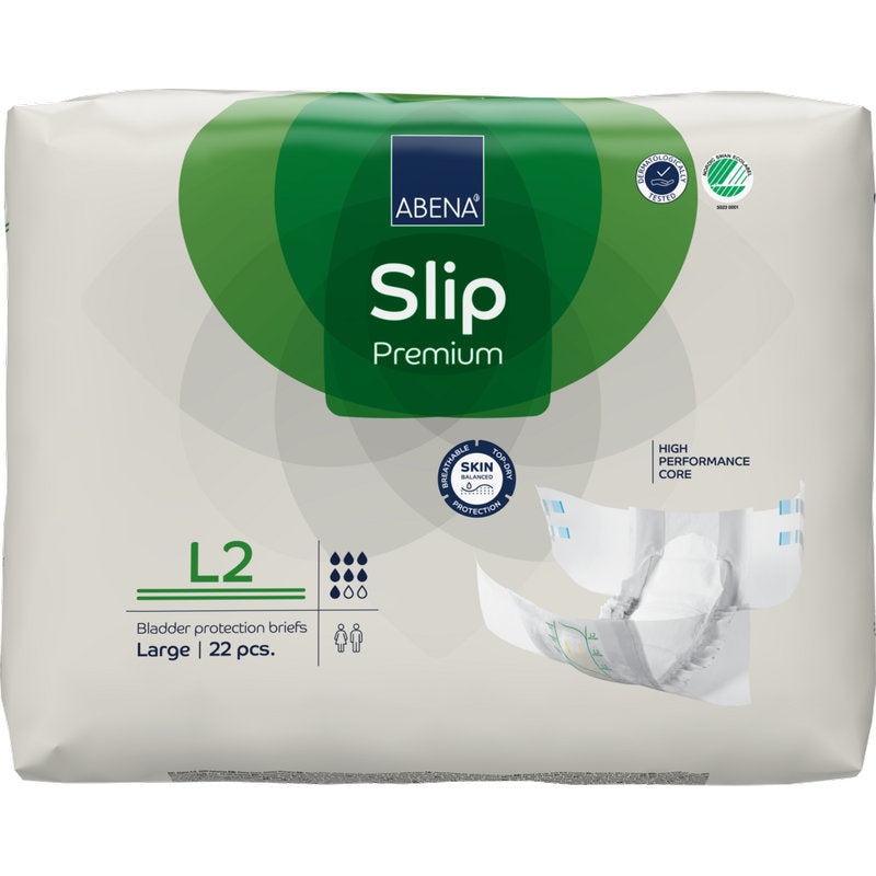 Eine 22-teilige Packung ABENA Slip Premium von Abena Re-Seller GmbH, Größe Large, in einer überwiegend weißen Verpackung mit grünen Akzenten; verfügt über einen "Hochleistungskern" für effektiven Blasenschutz.