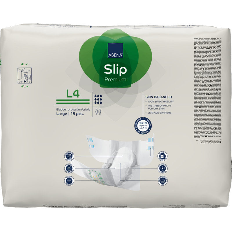 Eine Packung ABENA Slip Premium von Abena Re-Seller GmbH, Größe Large, 18 Stück. Die Verpackung zeigt die Produkteigenschaften und eine Illustration eines Slips, der in der Hand gehalten wird, um die Inkontinenzversorgung zu erleichtern.