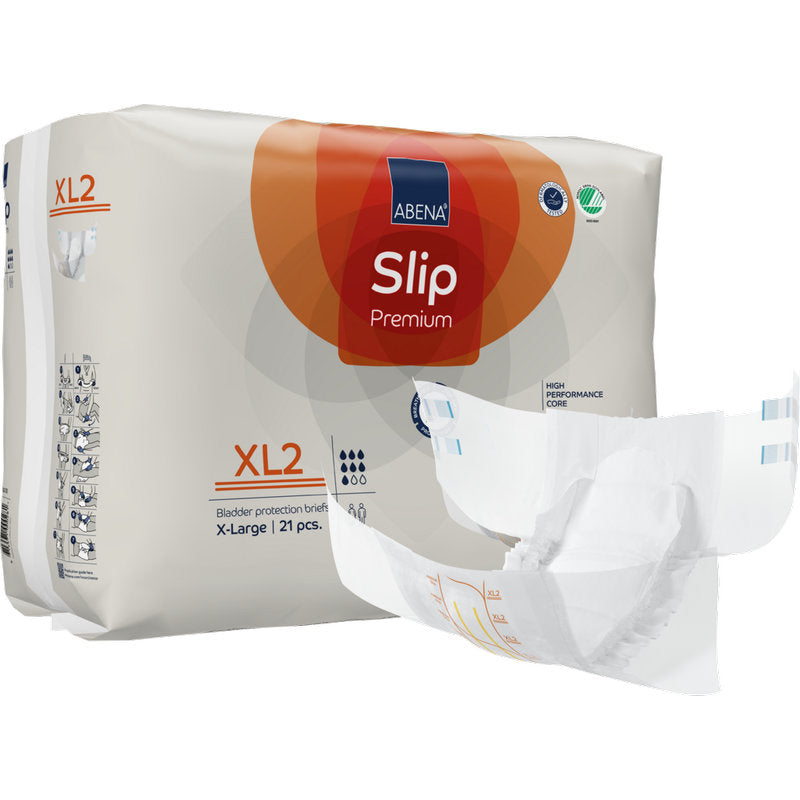 ABENA Slip Premium von Abena Re-Seller GmbH, Größe XL2, bietet zuverlässigen Inkontinenzschutz mit einem leistungsstarken Kern. Die Packung enthält 21 Stück, wobei eine ungefaltete Windel auf der Vorderseite abgebildet ist.