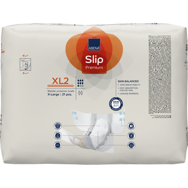 Eine Packung ABENA Slip Premium von Abena Re-Seller GmbH, Größe XL2, enthält 21 Stück in einer beigen Verpackung mit blauen und orangefarbenen Akzenten, Produktdetails, einer Hand, die eine Windel hält, und Icons der Inkontinenzversorgung.