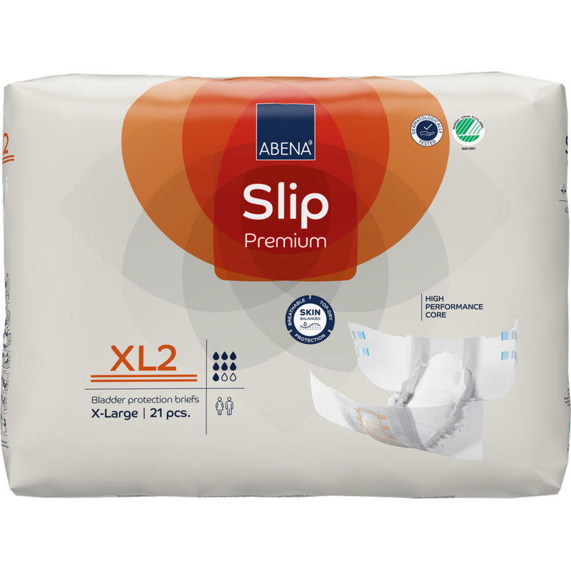 Eine 21-teilige Packung ABENA Slip Premium der Abena Re-Seller GmbH in der Größe X-Large hat eine weiße Verpackung mit orangefarbenen und roten Akzenten, die die wichtigsten Vorteile für eine effektive Inkontinenzversorgung hervorheben.