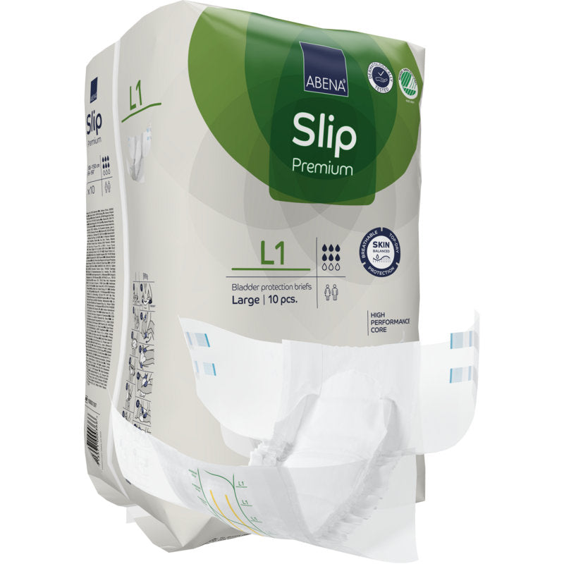 Eine Packung ABENA Slip Premium Erwachsenen-Slips der Abena Re-Seller GmbH, Größe Large, mit einem Slip vorne. Verpackungshighlights sind ein leistungsstarker Kern und hautfreundliches Material für eine optimale Inkontinenzversorgung.