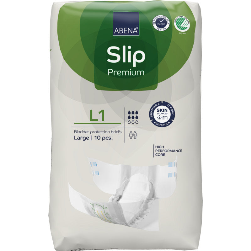 Eine 10er-Packung ABENA Slip Premium von Abena Re-Seller GmbH, Größe L1. Die weiß-grüne Verpackung hebt den Hautschutz und den Hochleistungskern für eine effektive Inkontinenzversorgung hervor.