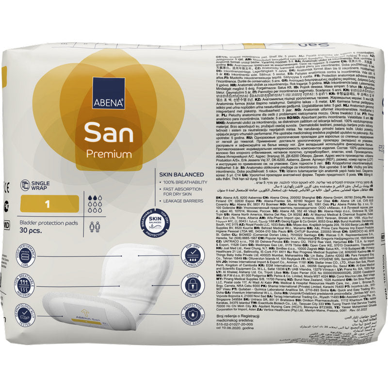 Eine Packung ABENA San Premium von Abena Re-Seller GmbH, Größe 1, enthält 30 Binden. Die Verpackung zeigt Details zur hohen Saugfähigkeit, Icons und ein Bild der Binden auf weißem und gelbem Hintergrund.