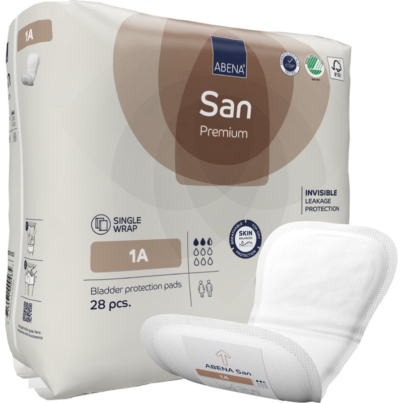 Eine Packung ABENA San Premium der Abena Re-Seller GmbH mit 28 Stück für den Inkontinenzschutz mit hoher Saugfähigkeit, Einmaleinlage und Auslaufschutz; eine Einlage ist auf der Vorderseite der Packung abgebildet.