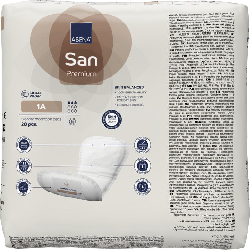 Eine Packung ABENA San Premium Blasenschutzeinlagen von Abena Re-Seller GmbH, Größe 1A, enthält 28 Stück. Sie bietet eine hohe Saugfähigkeit bei Inkontinenz und enthält Produktdetails in mehreren Sprachen auf der Verpackung.