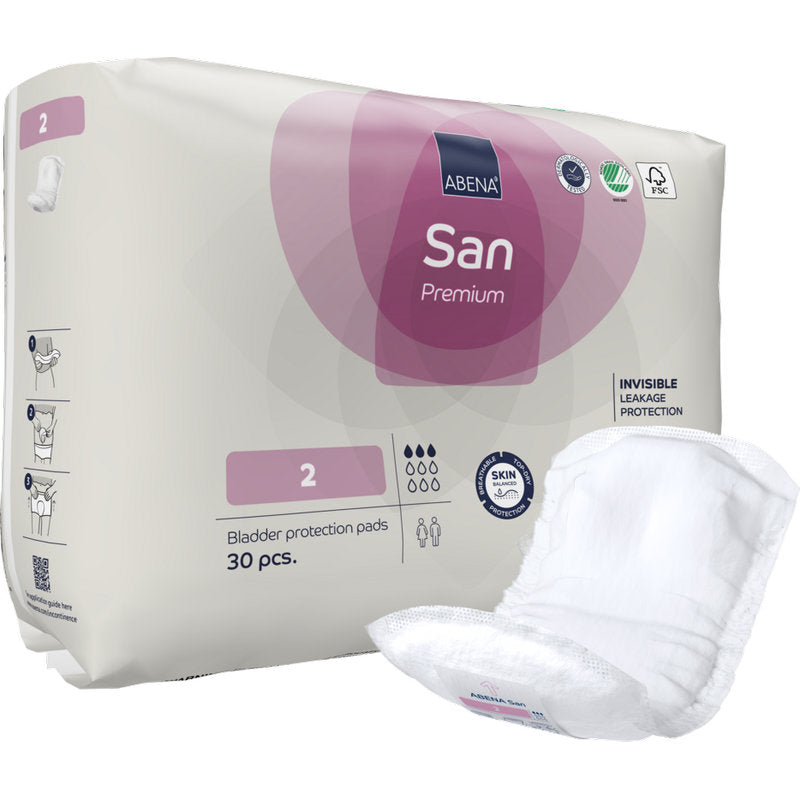 Abgebildet ist eine Packung ABENA San Premium der Abena Re-Seller GmbH mit einem Tampon im Vordergrund. Jede Packung enthält 30 Binden der Größe 2, die sich durch hohe Saugfähigkeit, Inkontinenz Schutz, Auslaufschutz und Hautfreundlichkeit auszeichnen.
