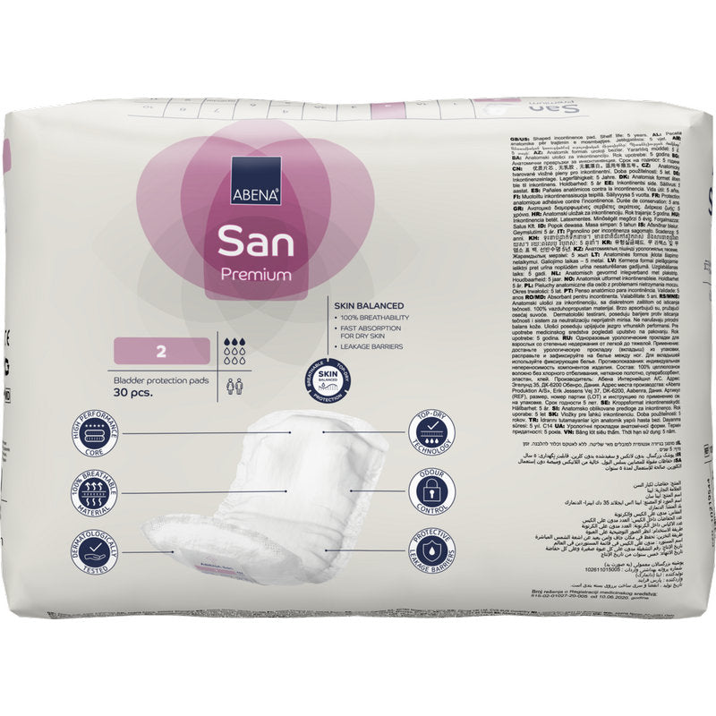 Eine weiße Packung ABENA San Premium von Abena Re-Seller GmbH mit hoher Saugfähigkeit, einer großen "2", Branding, mehrsprachigem Text und einem Pad-Bild auf der Vorderseite.