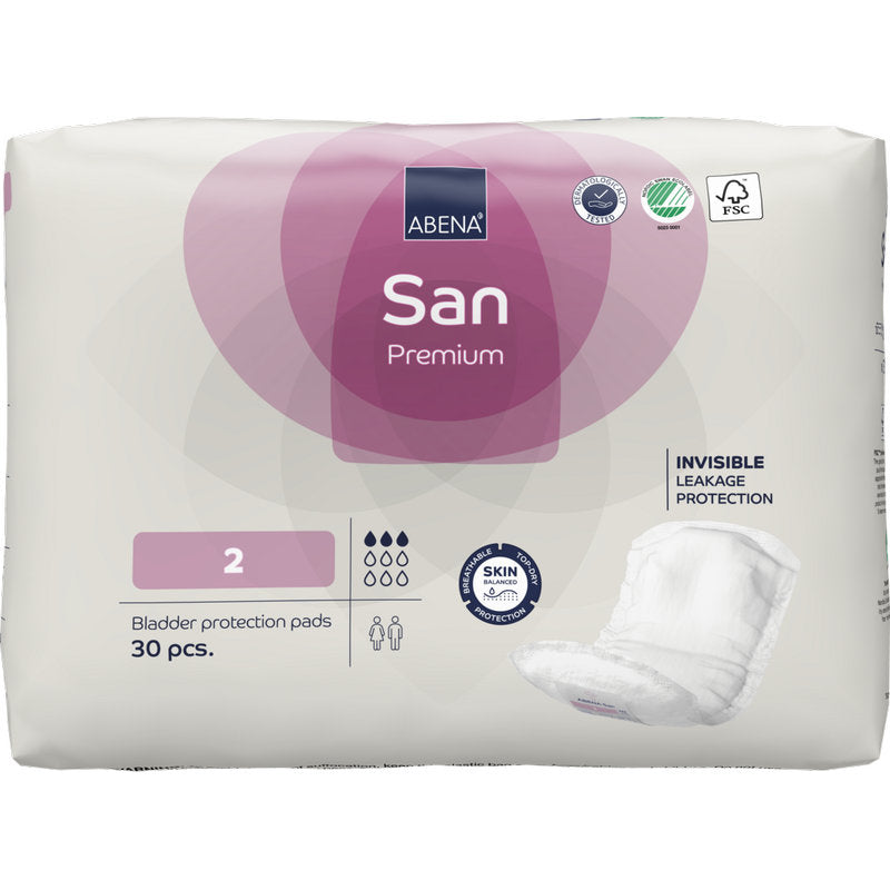 Eine 30er-Packung ABENA San Premium der Abena Re-Seller GmbH, Größe 2, zeichnet sich durch hohe Saugfähigkeit und Inkontinenz Schutz, Produktzertifizierungen und ein Bild mit unsichtbarem Auslaufschutz aus.