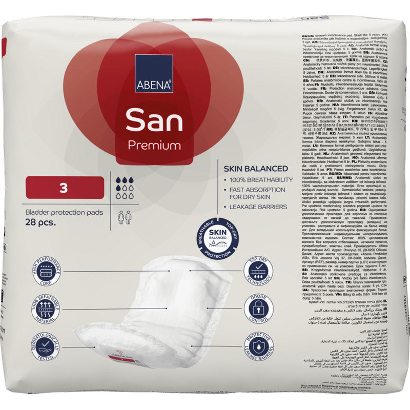 ABENA San Premium Binden der Abena Re-Seller GmbH, Größe 3, 28 Stück pro Packung. Die Verpackung zeichnet sich durch hohe Saugfähigkeit, Atmungsaktivität, schnelle Absorption, Auslaufsperren und mehrsprachigen Text aus.