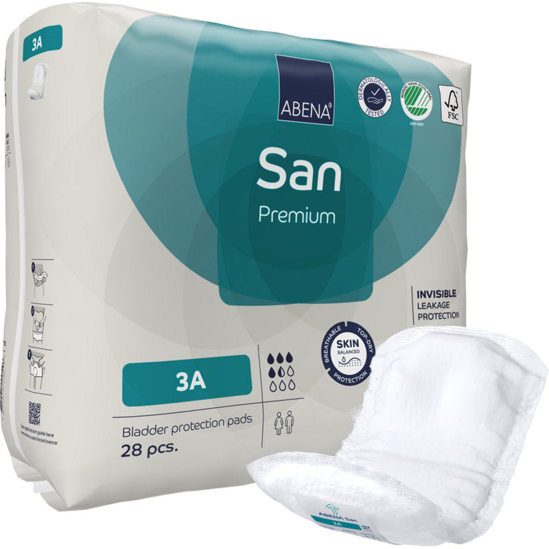 Eine Packung ABENA San Premium Blasenschutzeinlagen der Abena Re-Seller GmbH enthält 28 Einlagen. Eine Einlage ist außerhalb der Packung abgebildet und hebt den Hautschutz, den Inkontinenzschutz und die hohe Saugfähigkeit hervor.