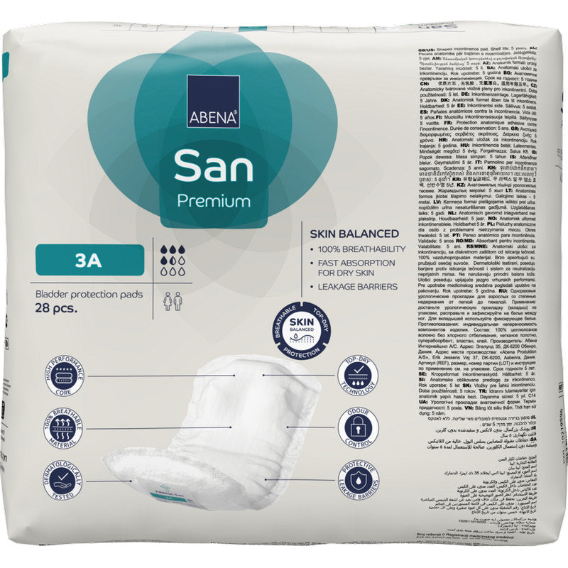 Eine 28er-Packung ABENA San Premium von Abena Re-Seller GmbH bietet hohe Saugfähigkeit, Hautbalance, Atmungsaktivität, schnelle Absorption und zuverlässigen Inkontinenzschutz mit Auslaufsperre.