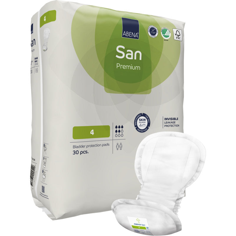 Eine Packung ABENA San Premium Blasenschutzeinlagen von Abena Re-Seller GmbH, mit einer Einlage auf der Vorderseite. Die weiß-grüne Packung ist mit Symbolen für hohe Saugfähigkeit, Hautfreundlichkeit und Inkontinenzschutz versehen.