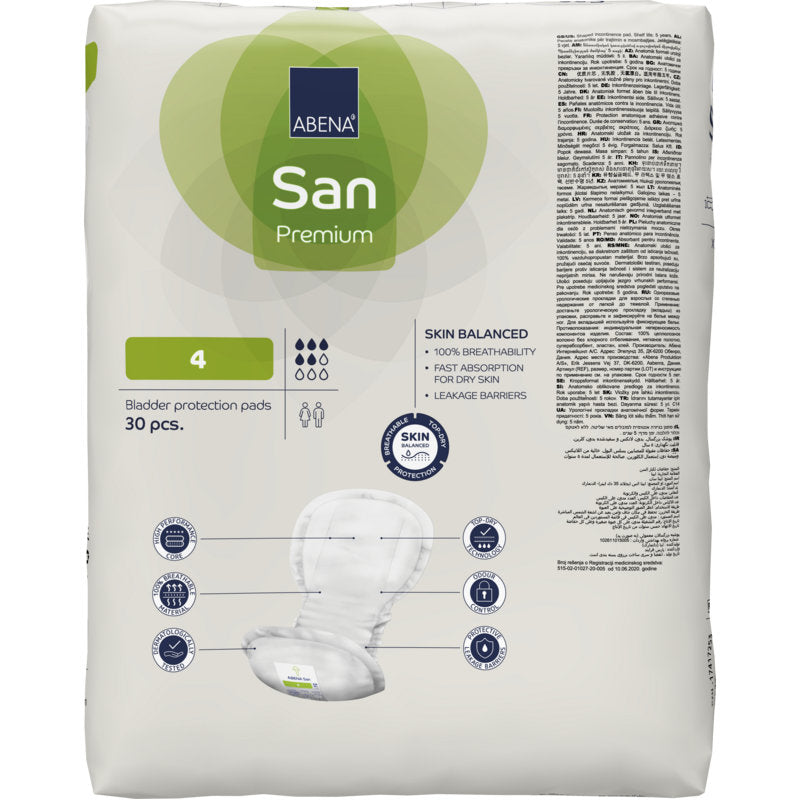 Eine 30er-Packung ABENA San Premium der Abena Re-Seller GmbH, Größe 4 für Inkontinenz, zeichnet sich durch hohe Saugfähigkeit, wichtige Produktdetails, Anwendungshinweise und Vorteilssymbole auf der Verpackung aus.
