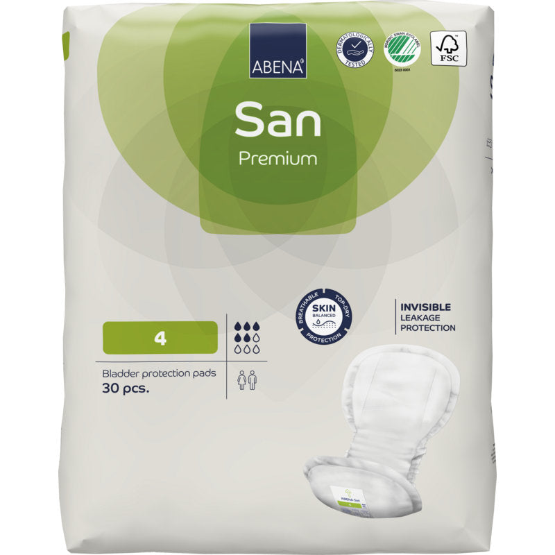 Eine Packung ABENA San Premium von Abena Re-Seller GmbH, Größe 4, enthält 30 Stück. Die weiße Verpackung mit grünen Akzenten informiert über Inkontinenzschutz, Hautschutz, hohe Saugkraft und Auslaufschutz.