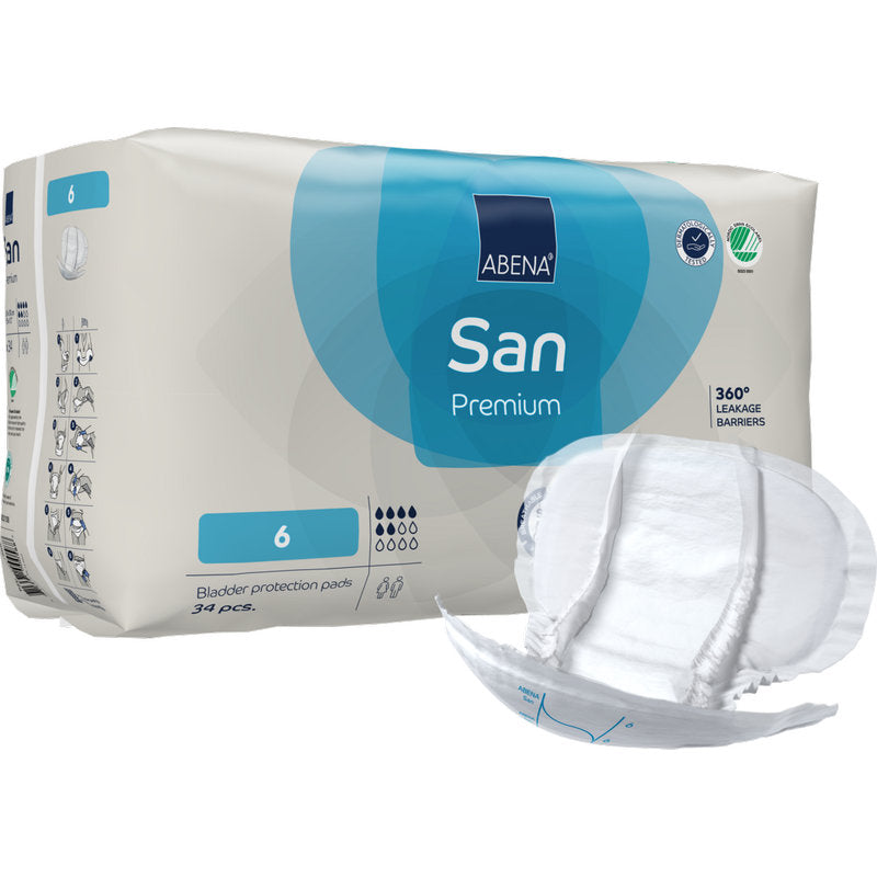 Abgebildet ist eine Packung ABENA San Premium der Abena Re-Seller GmbH, Größe 6 mit 34 Binden. Vorne ist ein Pad abgebildet. Die Packung hat ein blau-weißes Branding und bietet hohe Saugfähigkeit für zuverlässigen Blasenschutz.