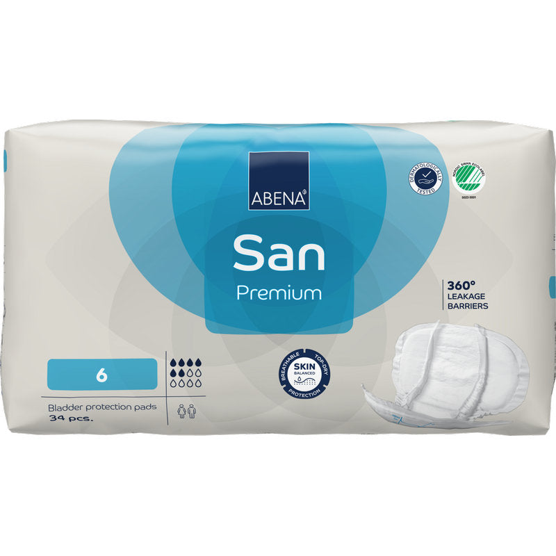 Eine Packung ABENA San Premium von Abena Re-Seller GmbH, Größe 6, enthält 34 Blasenschutzeinlagen. Die weiß-blaue Verpackung zeichnet sich durch hohe Saugfähigkeit, 360° Auslaufsperre und hautfreundlichen Schutz aus.