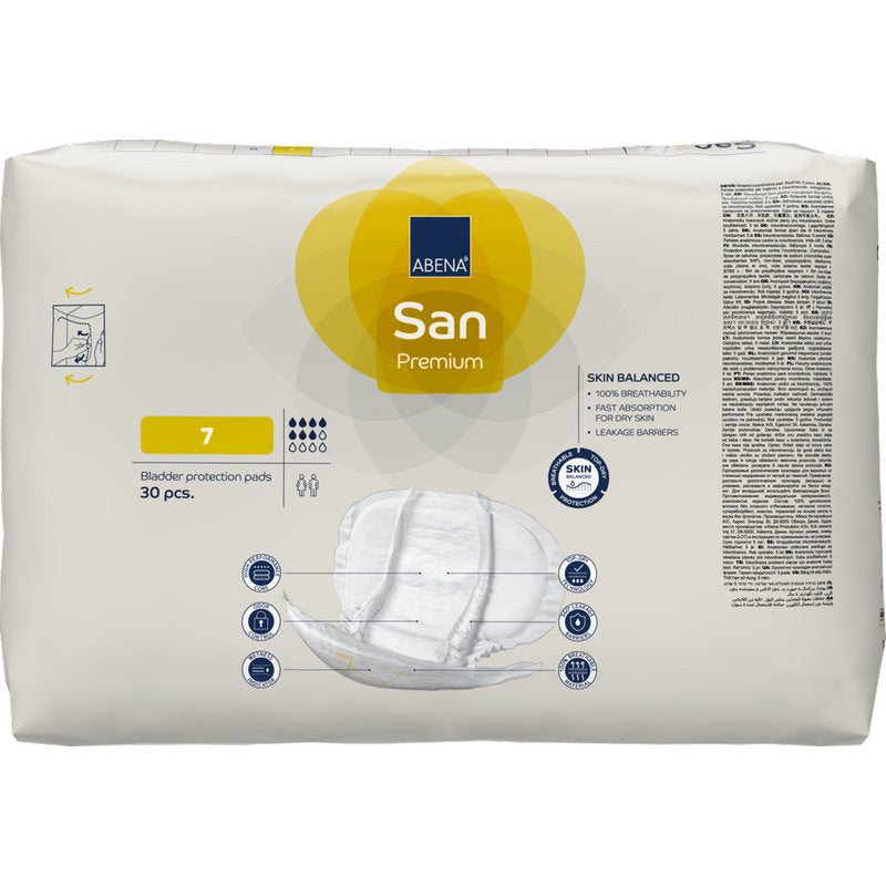 Eine 30er-Packung ABENA San Premium der Abena Re-Seller GmbH, Größe 7, kommt in einer cremefarbenen Verpackung mit hoher Saugfähigkeit und einer Abbildung des Pads für optimalen Inkontinenzschutz.