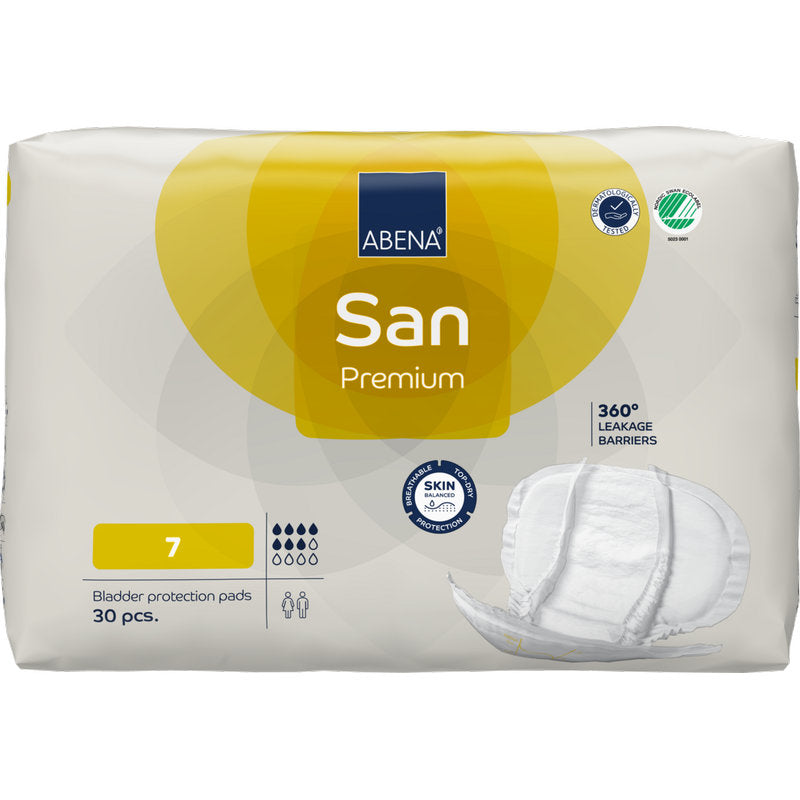 Ein 30er-Pack ABENA San Premium von Abena Re-Seller GmbH, Größe 7. Die meist weiße Verpackung mit gelben Akzenten zeigt das Pad und Icons, die hohe Saugfähigkeit für optimalen Inkontinenz-Schutz bieten.