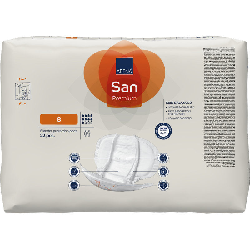 Eine Packung mit 22 ABENA San Premium Inkontinenzvorlagen (Größe 8) von Abena Re-Seller GmbH, mit hoher Saugfähigkeit, klarem Branding, Tampondarstellung und Symbolen auf der Vorderseite.