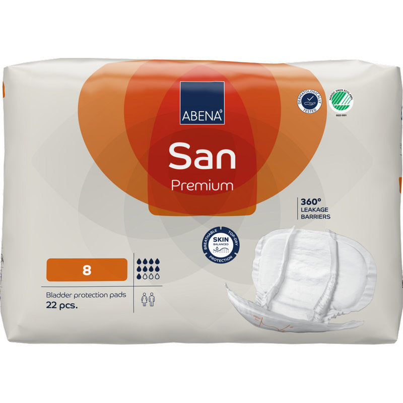 Eine Packung ABENA San Premium von Abena Re-Seller GmbH, Größe 8, enthält 22 Pads. Die überwiegend weiße Packung mit orangen und blauen Akzenten zeigt Tamponabbildungen und hebt die hohe Saugfähigkeit für optimalen Inkontinenz-Schutz hervor.