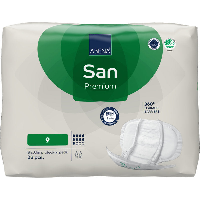 Eine 28-teilige Packung ABENA San Premium der Abena Re-Seller GmbH, Größe 9. Die überwiegend weiße Verpackung mit grünen Akzenten wirbt mit "hoher Saugfähigkeit", "360° Auslaufsperre" und hautfreundlichem Inkontinenzschutz.