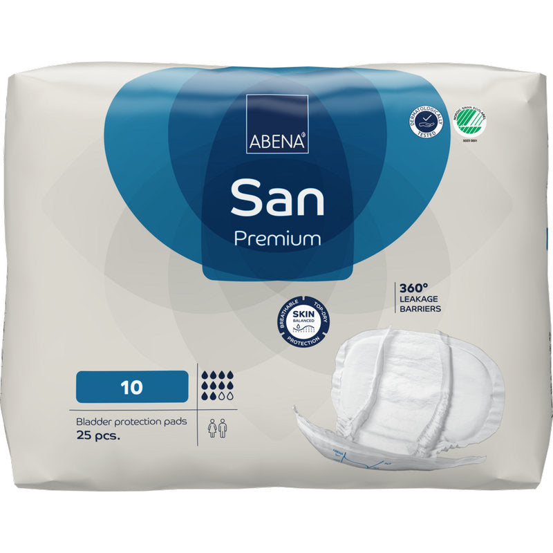 Eine Packung mit 25 ABENA San Premium von Abena Re-Seller GmbH, Größe 10, bietet hohe Saugfähigkeit, 360° Auslaufschutz und hautfreundlichen Inkontinenzschutz. Die Verpackung zeigt die Abbildung einer Einlage.