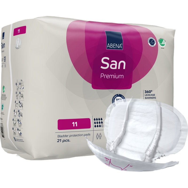 Eine Packung ABENA San Premium der Abena Re-Seller GmbH, die für hohe Saugfähigkeit (Stufe 11) gekennzeichnet ist und 21 Pads enthält, ist mit einem Pad vorne abgebildet, um ihr Design und ihre Größe zu zeigen.