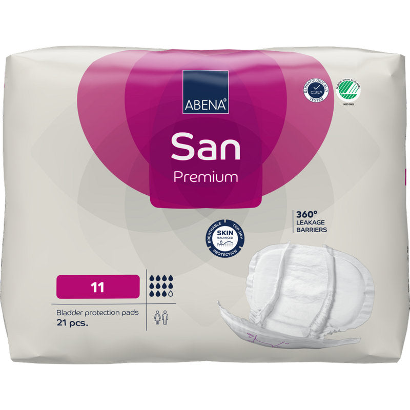 Eine Packung mit 21 ABENA San Premium Einlagen der Abena Re-Seller GmbH, Größe 11, zeichnet sich durch hohe Saugfähigkeit, 360° Auslaufsperre und hautfreundliches Material aus. Die rechte Seite zeigt eine Abbildung der Inkontinenzeinlage.