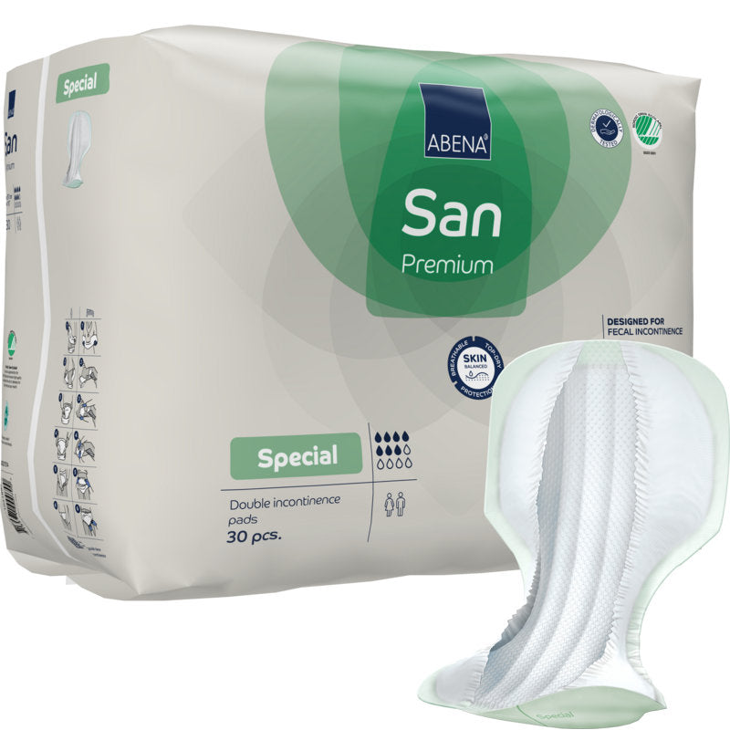 Eine weiß-grüne Verpackung mit der Aufschrift "ABENA San Premium" der Abena Re-Seller GmbH, die 30 hochsaugfähige Inkontinenzvorlagen enthält, wird neben einer der einzelnen Vorlagen gezeigt. Die Produktmerkmale sind auf der Verpackung abgebildet.