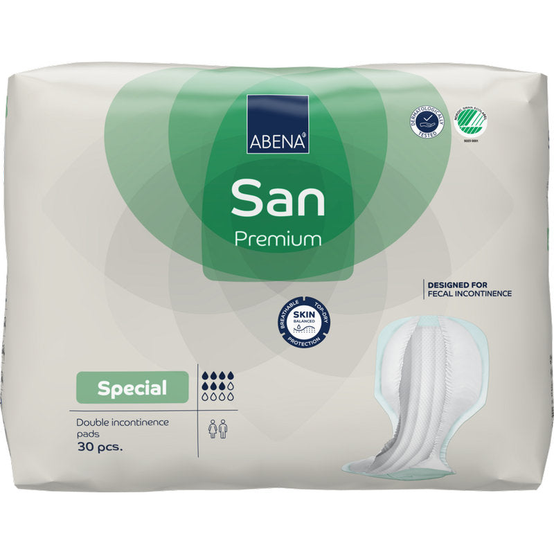Packung mit 30 ABENA San Premium Inkontinenzschutz-Einlagen von Abena Re-Seller GmbH. Weiß-grüne Verpackung mit Produktinfos, Symbolen für hohe Saugfähigkeit und einem Bild der Einlage auf der rechten Seite.