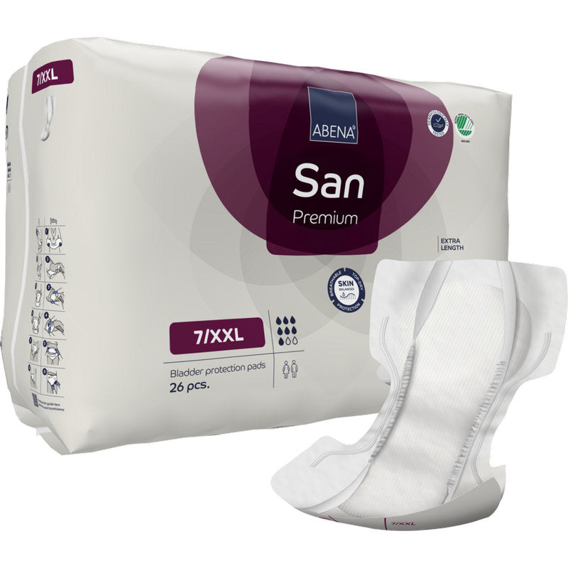 Abgebildet ist eine Packung ABENA San Premium der Abena Re-Seller GmbH (26 Stück) mit hoher Saugfähigkeit, wobei ein ungefaltetes Pad vor der Verpackung liegt.