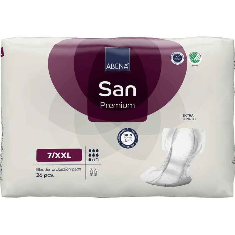 Ein 26er-Pack ABENA San Premium von Abena Re-Seller GmbH mit extra langen Binden mit hoher Saugfähigkeit und Hautschutzsymbolen auf weißem und violettem Markenhintergrund.