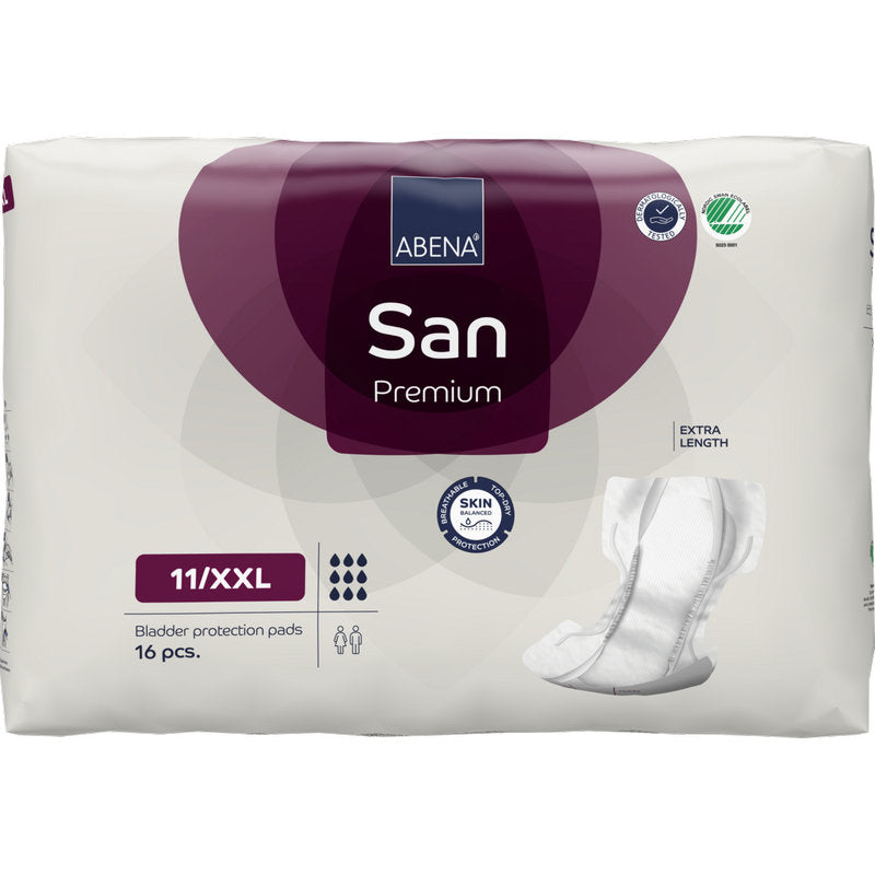 Eine Packung ABENA San Premium Inkontinenzeinlagen der Abena Re-Seller GmbH mit einer Einlage, 16 Stück pro Packung und Symbolen für hohe Saugfähigkeit, Überlänge und hautfreundliches Design.