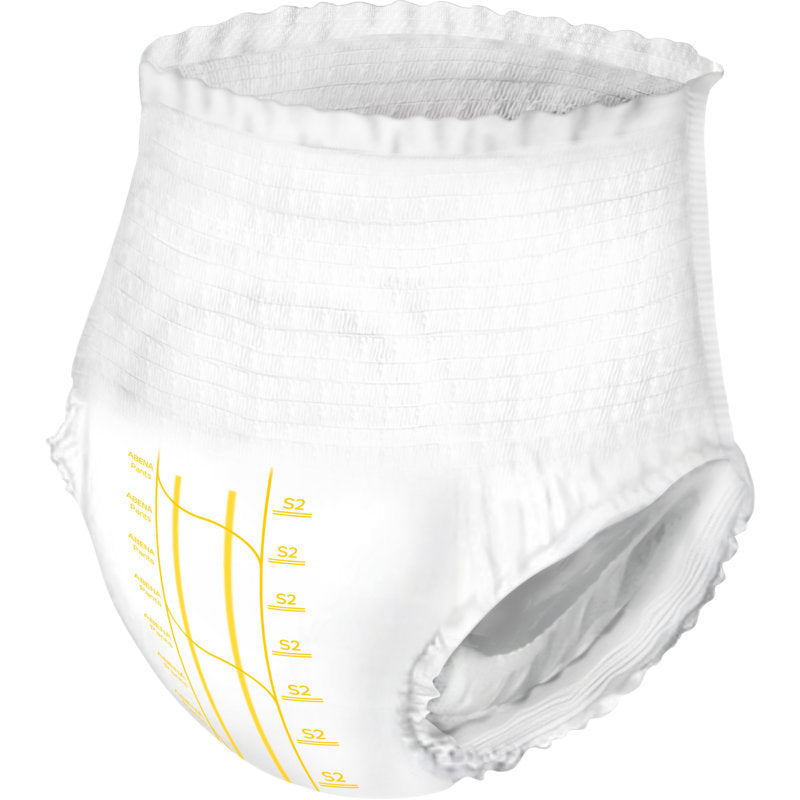 Die ABENA Pants Premium S von Abena Re-Seller GmbH ist eine weiße Einweg-Klimmzughose mit elastischem Bund und Beinöffnungen sowie gelb aufgedruckten Größen- und Maßangaben; ideal für die Inkontinenzversorgung.