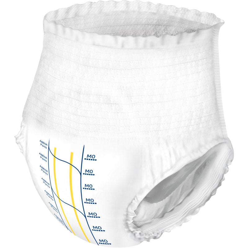 ABENA Pants Premium M von Abena Re-Seller GmbH: Erwachsenen-Klimmzug-Einweghose mit hoher Saugfähigkeit, elastischem Bund und Beinöffnungen. Steht aufrecht mit blauen und gelben Nässeindikatoren und Messmarkierungen auf der Vorderseite.