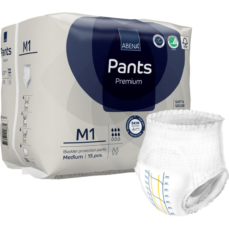Eine Packung ABENA Pants Premium M von Abena Re-Seller GmbH enthält 15 mittelgroße Einweghosen, von denen jeweils eine außerhalb der Packung abgebildet ist, für einen zuverlässigen Blasenschutz.