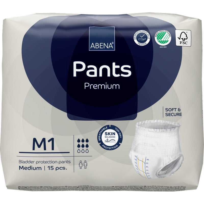 Eine 15er-Packung ABENA Pants Premium M der Abena Re-Seller GmbH kommt in einer meist weißen Verpackung mit blauen Akzenten, Produktbildern und Zertifizierungslogos, die den Premium-Blasenschutz hervorheben.