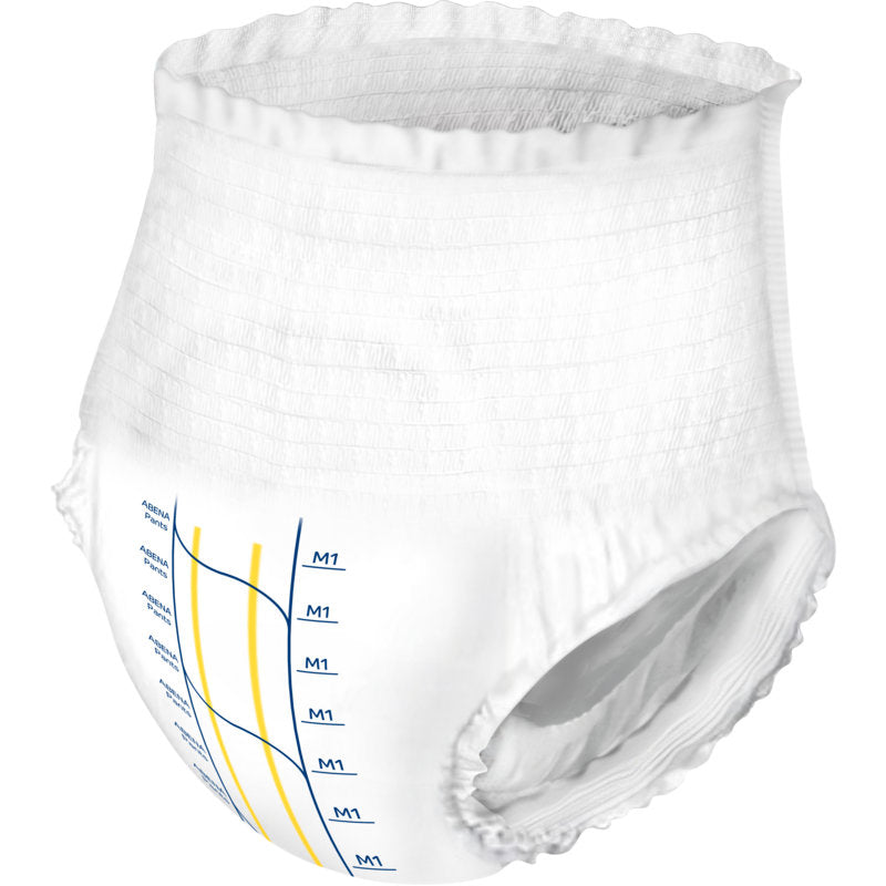 Die ABENA Pants Premium M von Abena Re-Seller GmbH ist eine weiße Einweghose im Pull-up-Stil mit elastischem Bund und Beinöffnungen, die mit blauen und gelben Linien und beschrifteten Indikatoren auf der Vorderseite versehen ist.