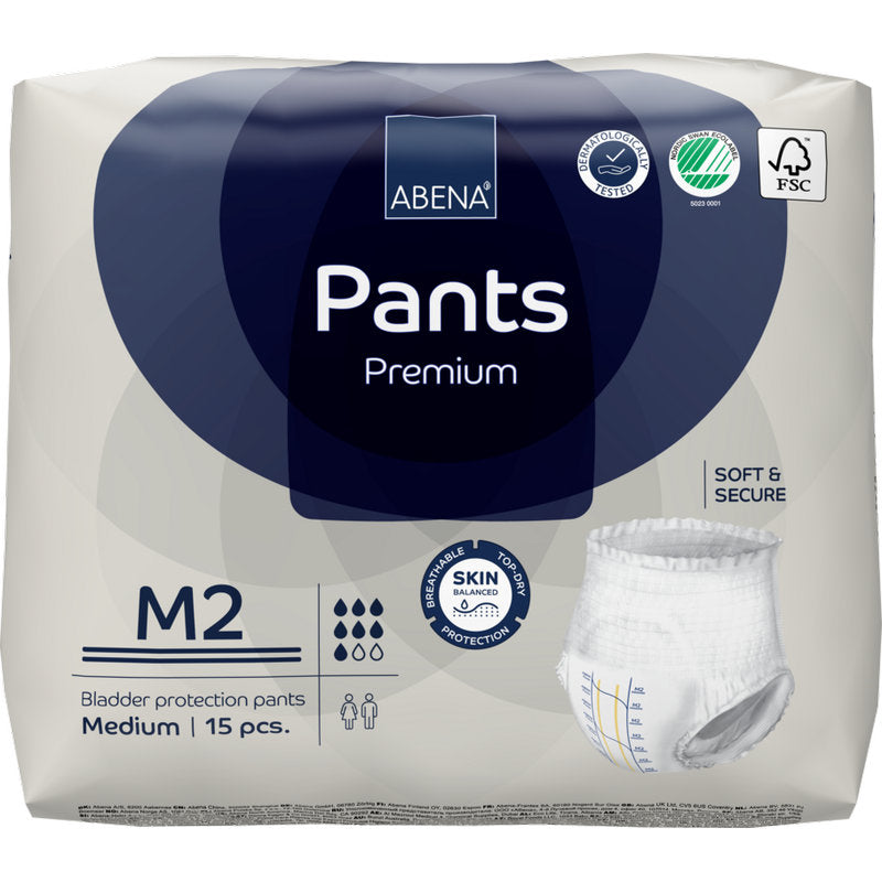 Eine 15-teilige Packung ABENA Pants Premium M von Abena Re-Seller GmbH. Die weiß-blaue Verpackung zeigt Icons für hohe Saugfähigkeit, Hautschutz, Saugfähigkeit und Öko-Zertifizierung.